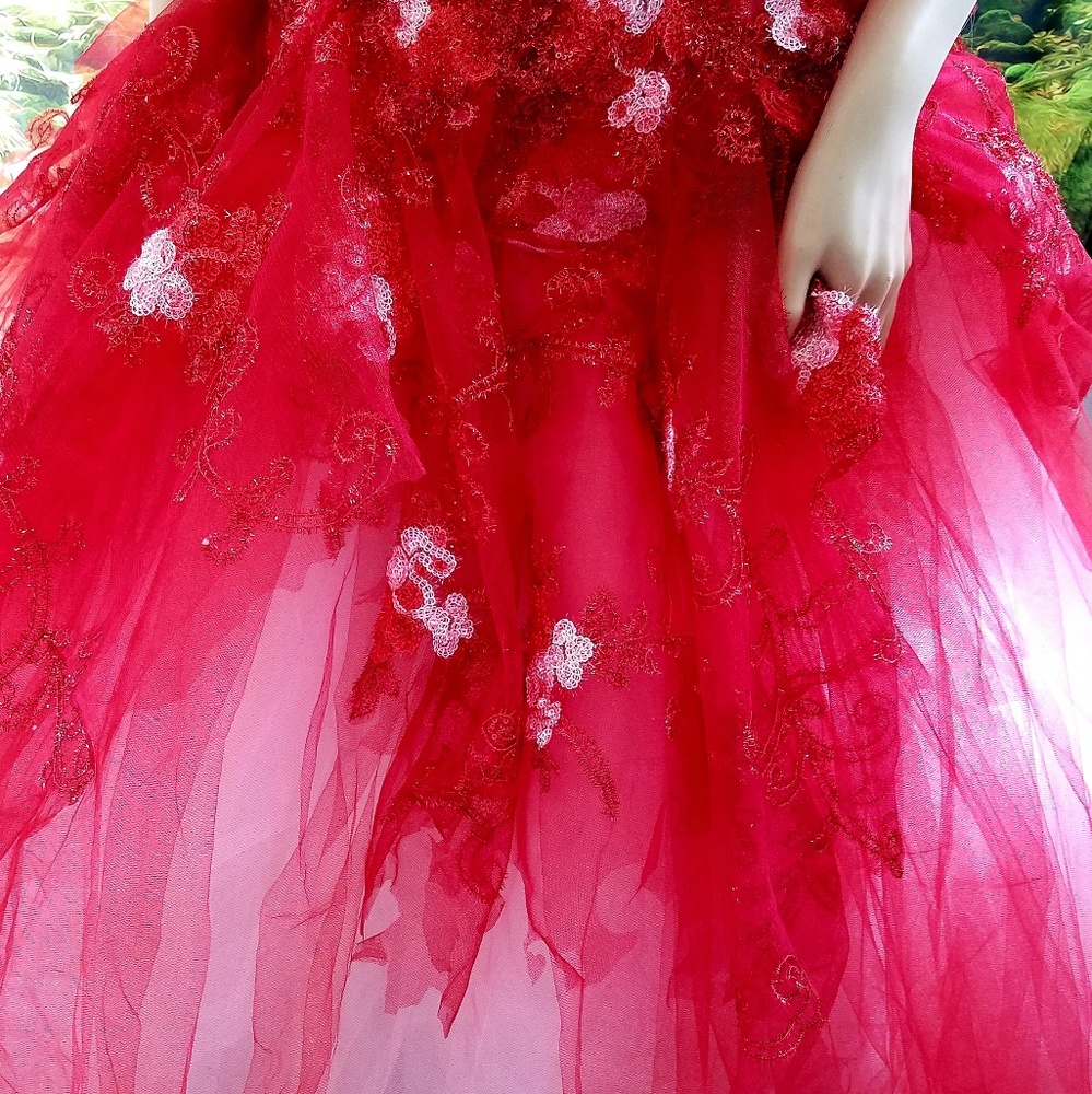 VALENTINA Red Lace & Tulle Corset Wedding Gown - Picture 5 of 8